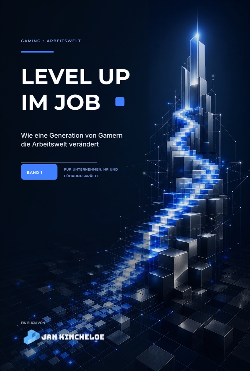 Cover des E-Books Level Up im Job, Band 1, von Jan Kincheloe mit einer leuchtenden Treppe aus blauen Würfeln